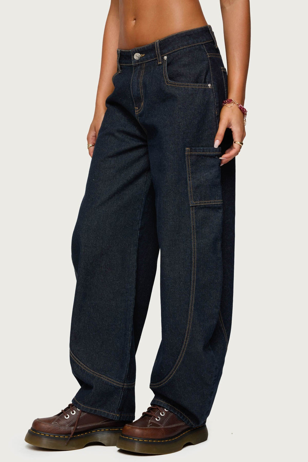 Aden Contrast Stitch Low Rise Barrel Jeans