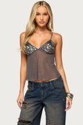 Adzy Sequin Mesh Babydoll Top